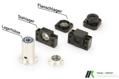 Abbildung verschiedener Lagerarten. Festlager, Loslager, Steh- und Flanschlager, sowie Lagerhülse.